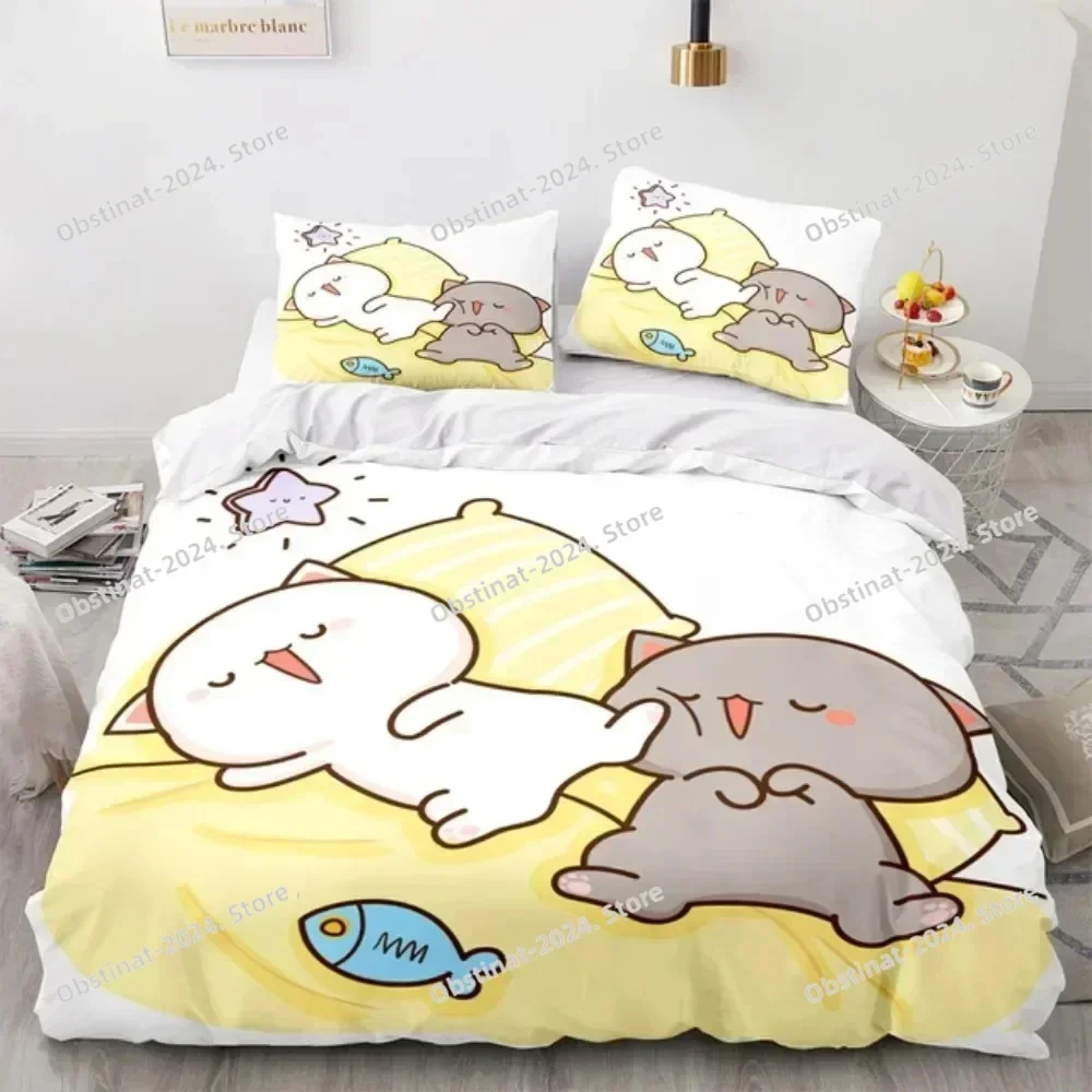 Lovely Peach Cat Bedding Set Cartoon Comforter Sets Double Queen King Twin Full Size Duvet Cover Set Kids Girls White Bed Linen 5