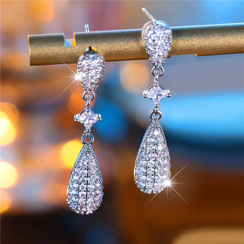Luxury Female Crystal Zircon Stone Dangle Earring Charm Silver Color Long Wedding Jewelry For Women