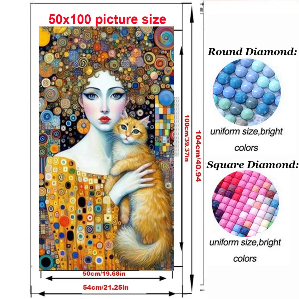 Klimt Golden Woman Cat Large 5D Diamond Painting Full Square Round Diamond Mosaic New 2024 Fantasy Portrait Room Home Decor