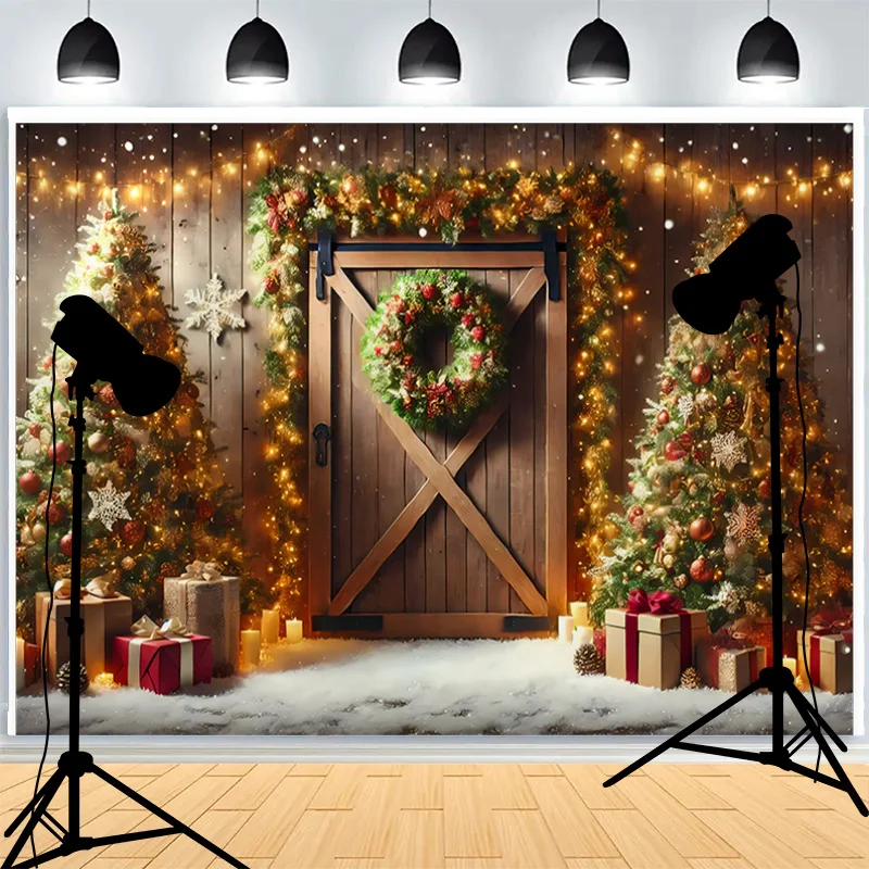 

Christmas Day Wreath Photography Backdrop Snow Candies Living Room Family Party New Year Holidays Background KE-04