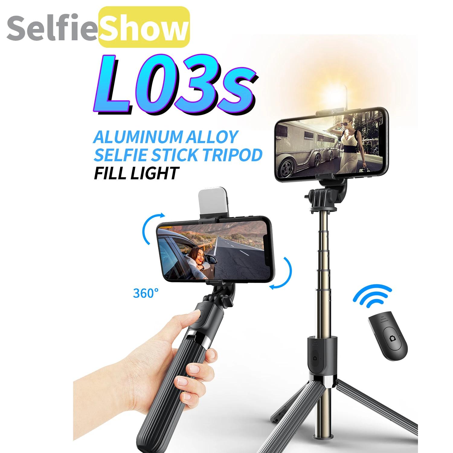 

Selfieshow L03s Fill Light 360 degree Rotation Tripod Selfie Stick Luetooth Wireless Remote for iPhone Samsung Mobile Phone