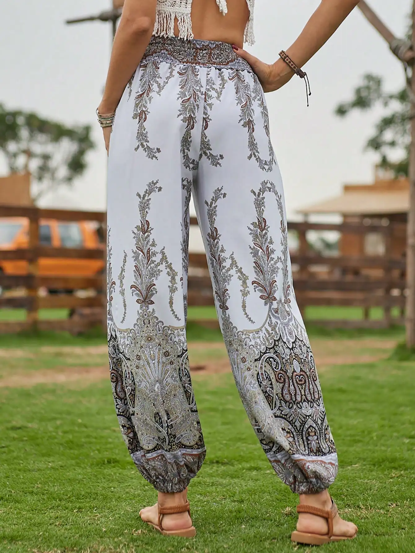 Women Boho Paisley Print Harem Pants, High Waist Elastic Waistband Loose Fit Jogger Trousers, Casual Vacation Beach Long Pants
