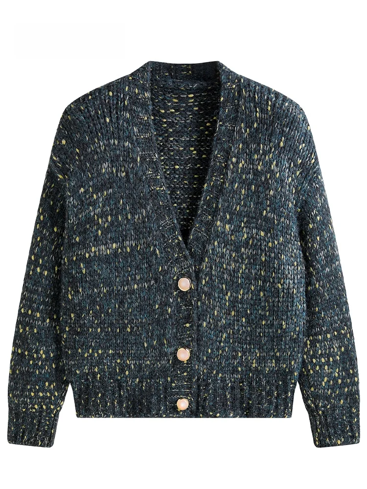 

Вязаный женский свитер JZZDEMM крупной вязки, разноцветный, свободного кроя, винтажный, для повседневной носки, с длинными рукавами, V-образным вырезом, на пуговицах