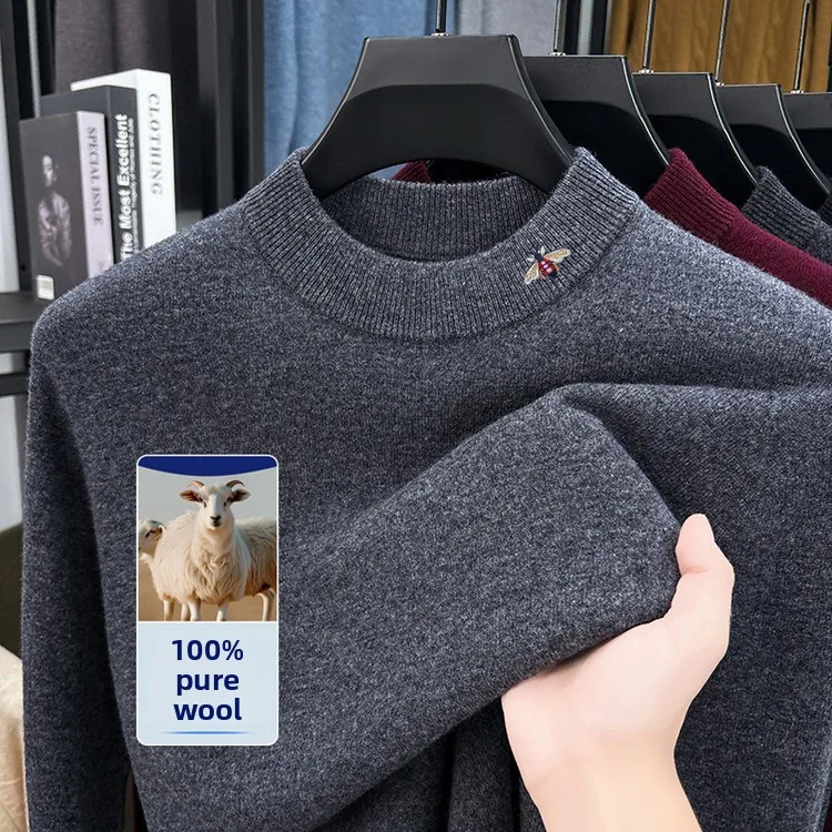 

Утепленная высококачественная мужская рубашка из 100% чистой шерсти с воротником-стойкой, вышивкой пчелы, вязаная, приталенная, теплая, в городском стиле