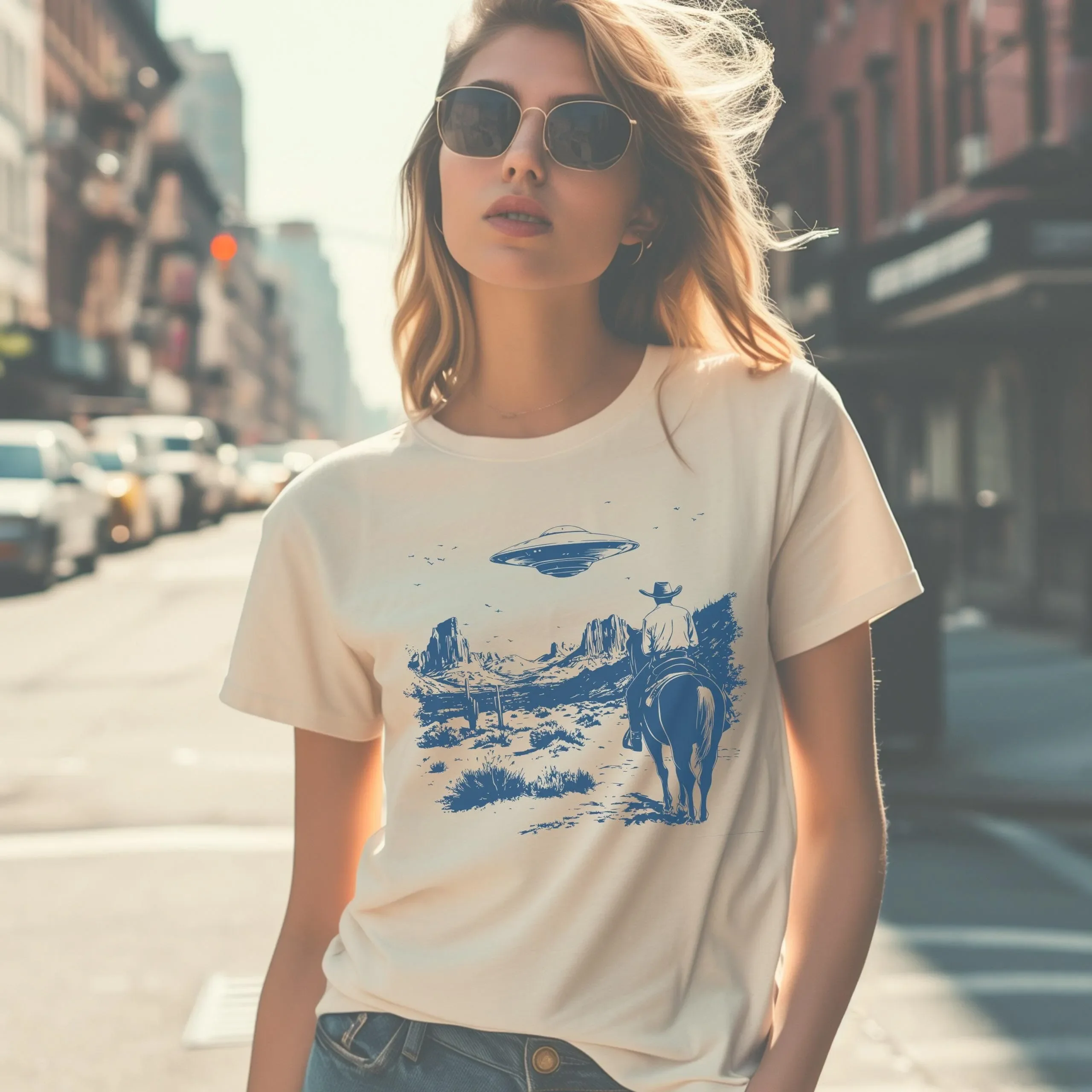 UFO Cowboy T Shirt Retro Western Alien Vintage Sci Fi Wild West Design