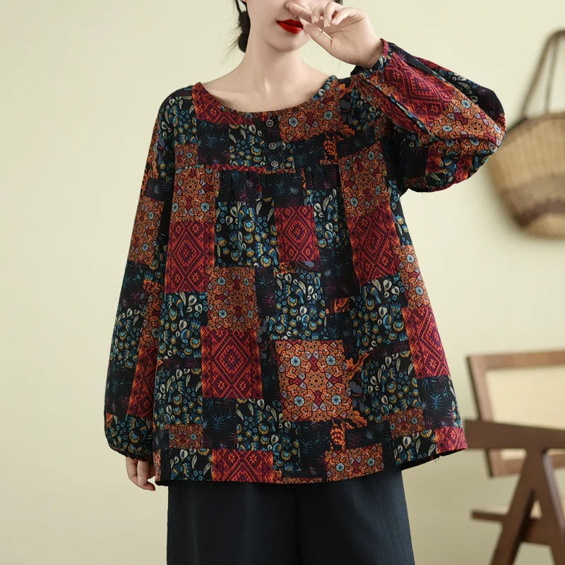 

Women's Clothing Spring and Autumn New Round Neck Long Sleeves Middle-aged and Elderly Loose Printed Cotton and Linen Tops