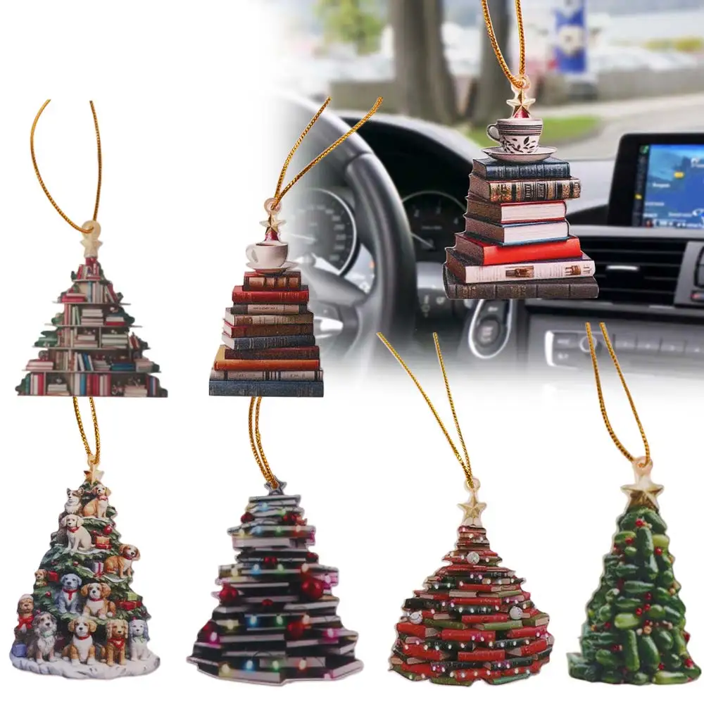 Acrylic Bookshelf Christmas Hanging 3D Bookshelf Flat Printing Xmas Tree Decoration Book Lovers Books Stacked Christmas Pendant