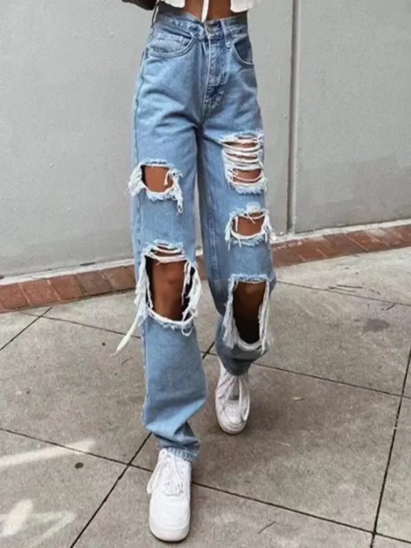 New Ripped Wide-leg Jeans Women Youthful Elastic Force Jeans Pants for Women Vintage Women\'s High Waisted Jeans Female Trousers