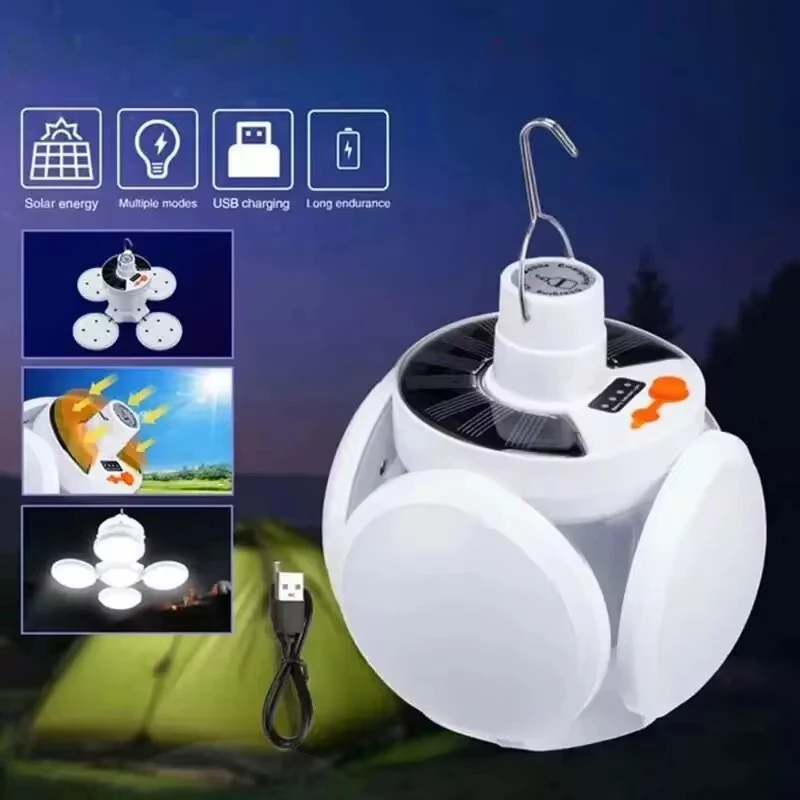 Lampada da campeggio solare portatile a LED Lampada da calcio pieghevole Lampada da scrivania ricaricabile USB per lampadario di emergenza per tenda con gancio