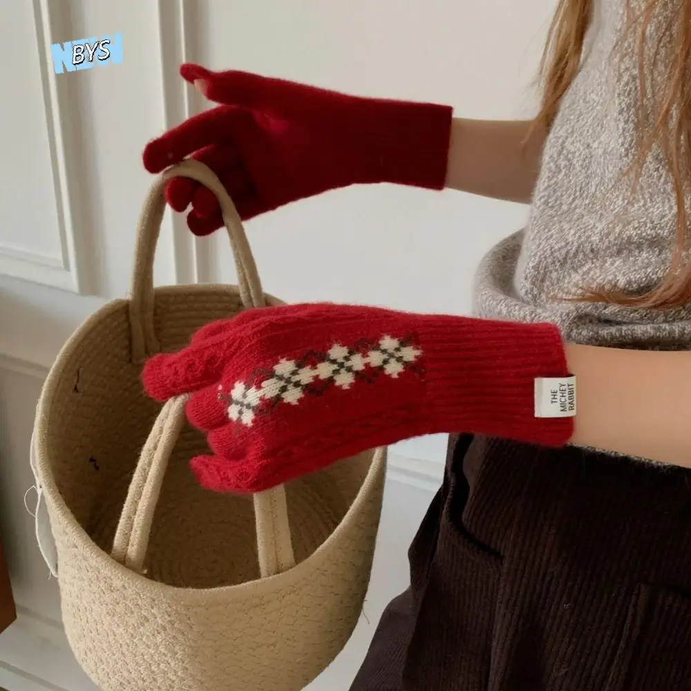 

Fair Island Style Winter Knitted Gloves Soft Red Crosshatched Pattern Wool Gloves Warm Korean Style Women Cycling Mittens Girls