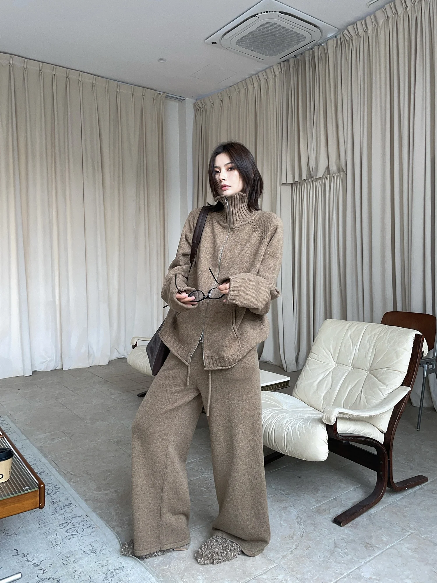 

JCCC adow Hazelnut Whispers Khaki Zipper Sweatirt And Casual Pants Knitted Set Two-Piece Set Leisure Faion Women's Wear