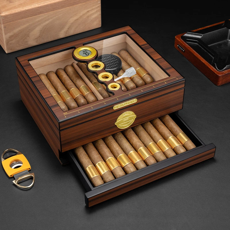 

Профессиональный кедровый хьюмидор для сигар, стеклянная крышка с гигрометром, увлажнителем и регулируемыми разделителями, вмещает 30/40/50 сигар