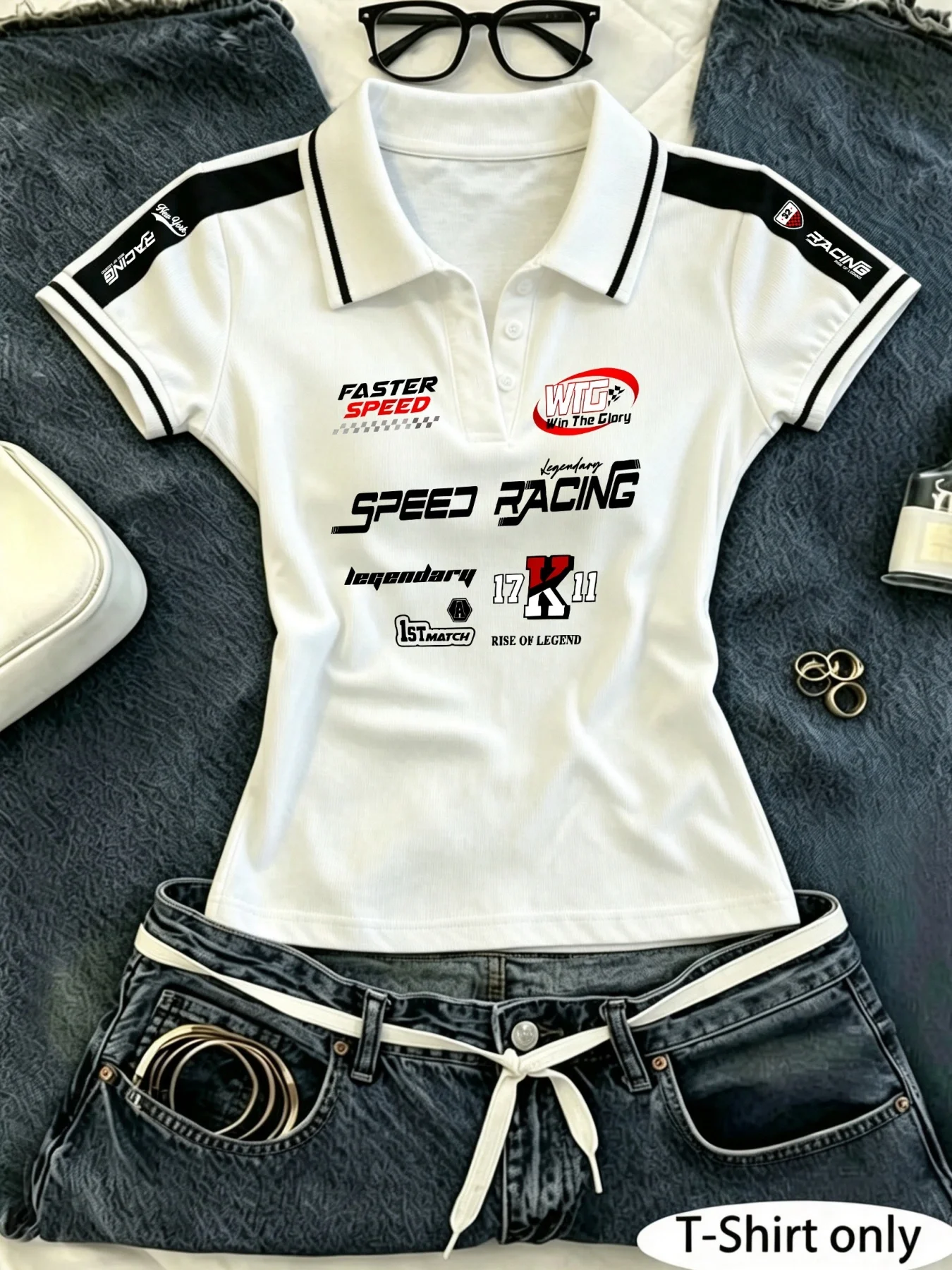 Women's Summer Polo Shirt, Racing Slogan Multi-Logo Contrast Print Short Sleeve, Slim Vintage Versatile Regular Fit Top