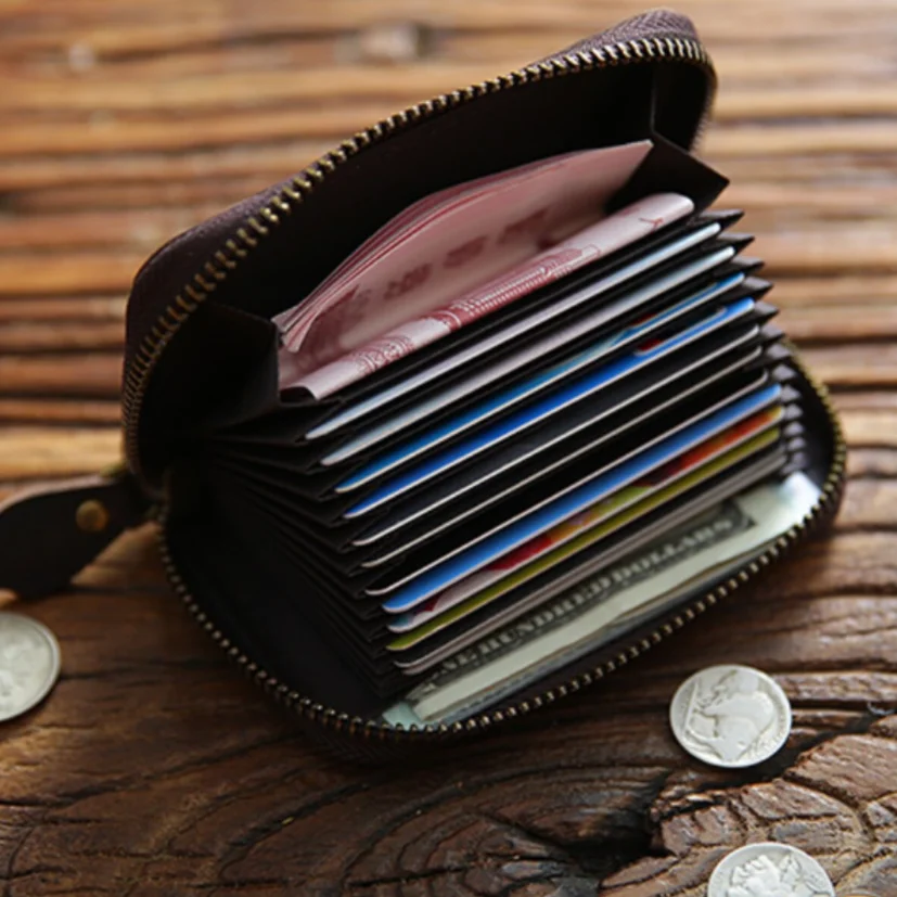 Top Layer Leather Multifunctional Zipper Accordion Card Holder for Unisex Genuine Leather Large Capacity Wallet Credit Card Case