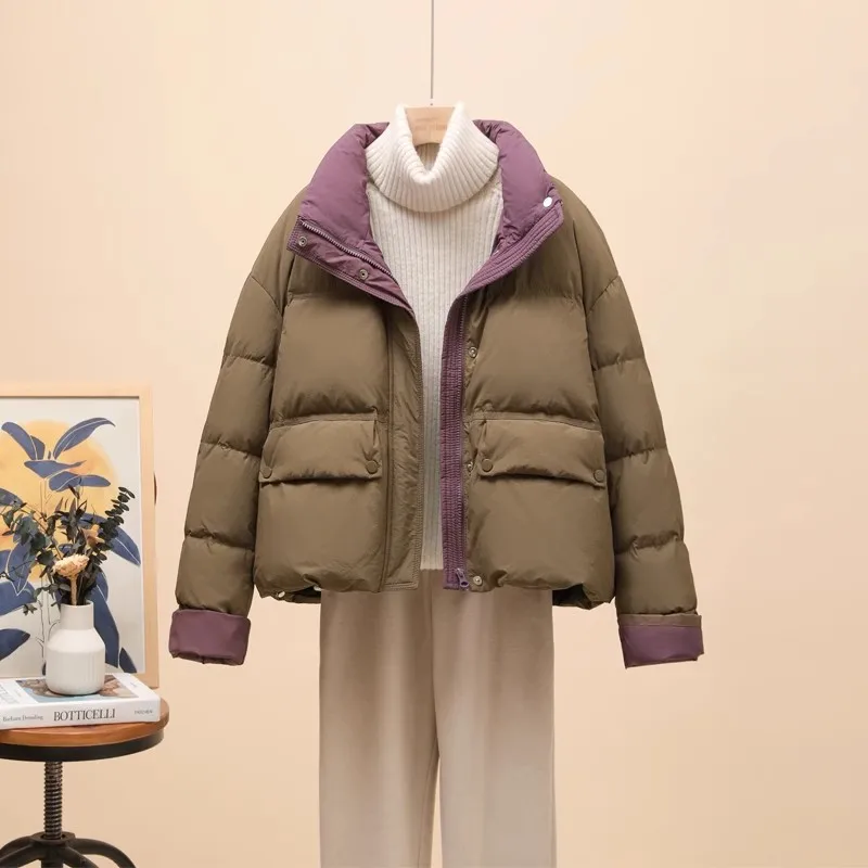 Women's Korean Minimalist Color-block Short Down Jacket Thickened Lightweight Warm Casual Outerwear Cold Winter Commut Outfits