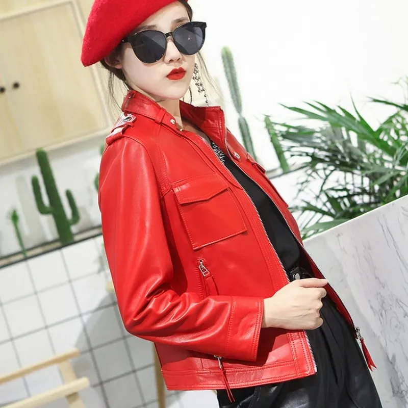 2023Office Lady Casual Short Sheepskin Coat Slim Stand Collar Real Leather Jacket Brand Street Multi-pockets Zipper Biker Jacket