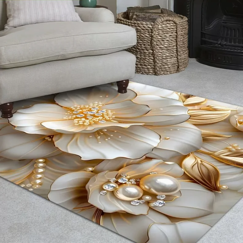 Living Room Rug Gilded Pearl Luxury Elegant Theme Carpet Non-Slip Soft Easy Clean Durable Palace Luxury Elegant Home Decor Mat