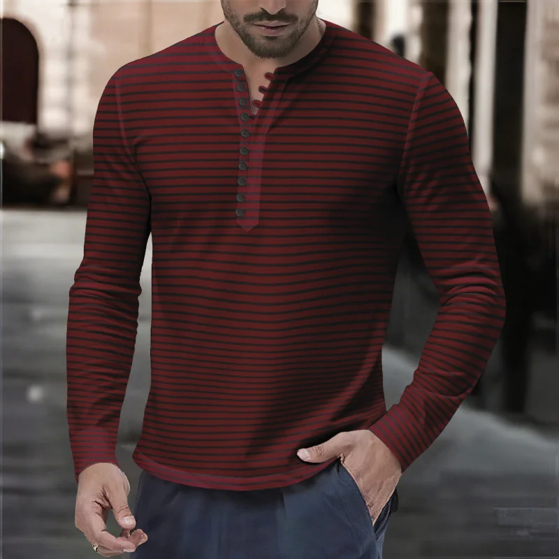 

Cross-Border European and American Trade Men's Autumn Winter Versatile Base Long Sleeve Henley Shirt Casual Horizontal Striped H