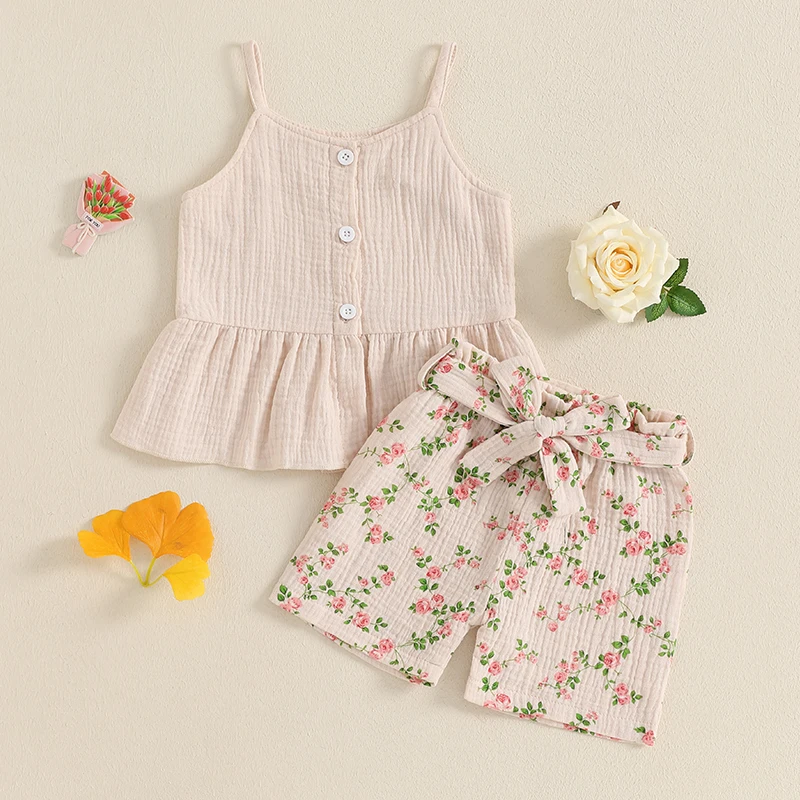 Adorable Baby Girl Sleeveless Top and Shorts Set with Cute Bow Detail and Vibrant Floral Print Perfect for Summer Fun