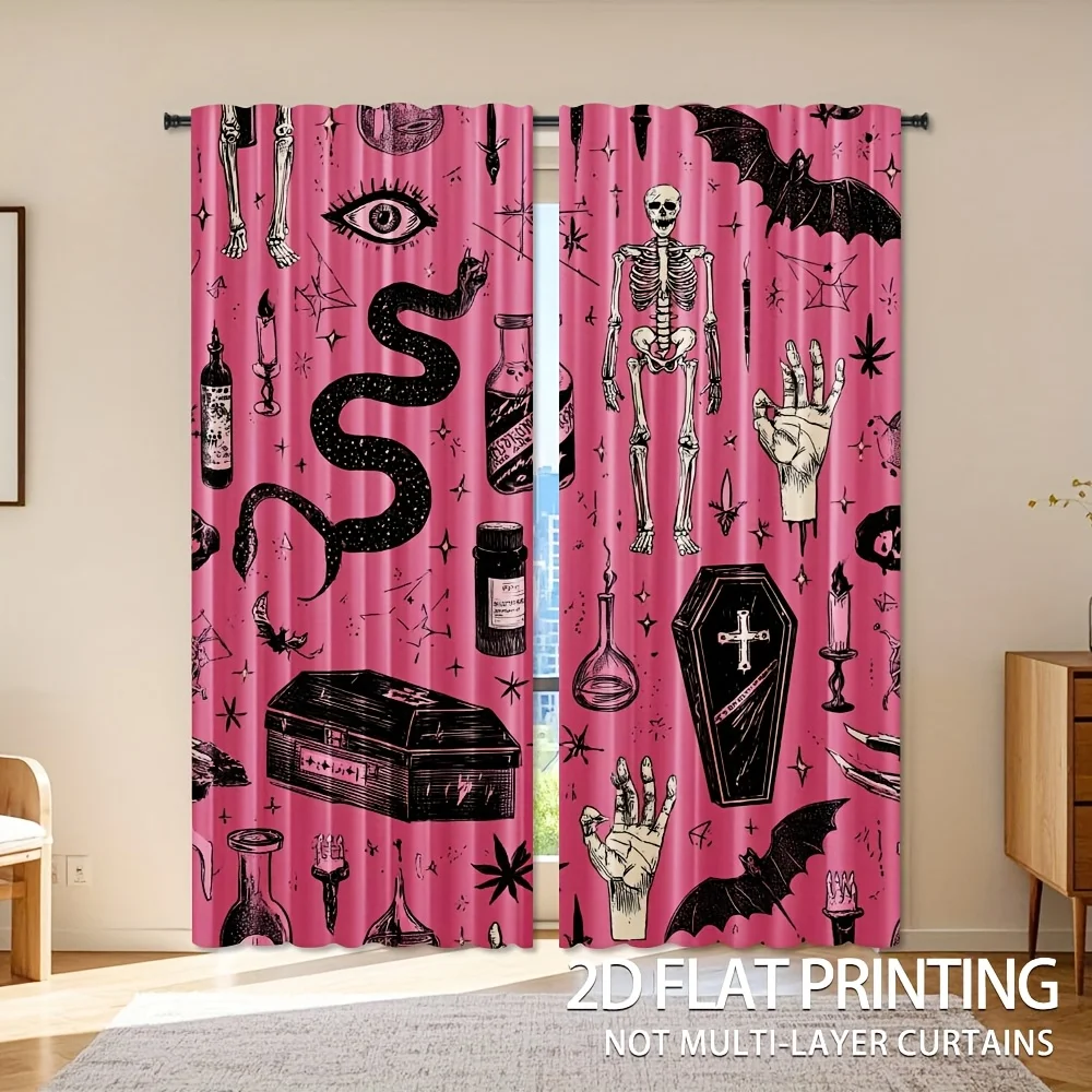 Pink Gothic Curtain, Halloween Skeleton Bat Window Drape, Occult Symbol Blackout Panel, Bedroom Party Home Decor
