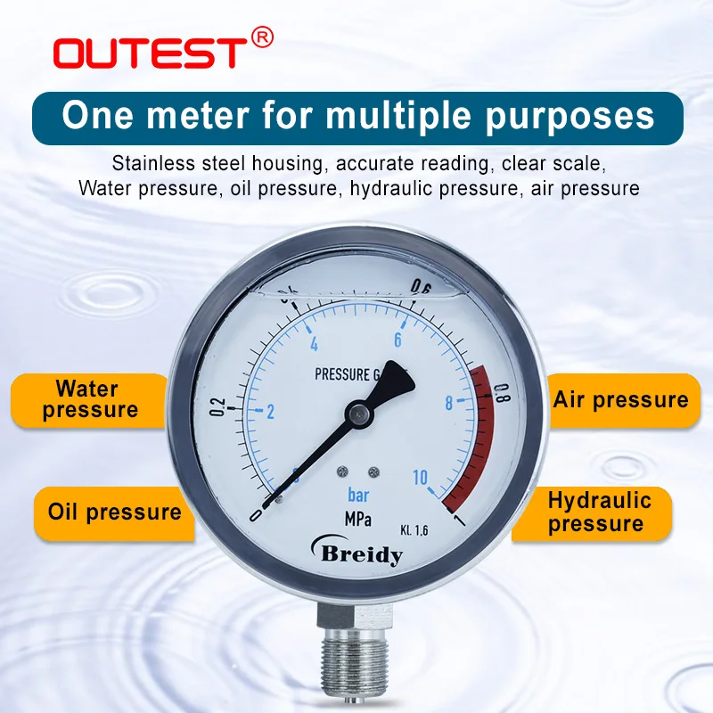 OUTEST Hydraulic Water Pressure Gauge 0-60mpa Radial G 1/4 G1/2 Oil Air 304 Stainless Steel Anti-vibration Manometer