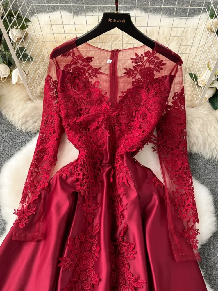 Women Elegant Evening Party Dress Vintage Embroidered Floral Mesh Long Sleeve Red Dresses Ladies Slim A-line Long Robe Vestidos