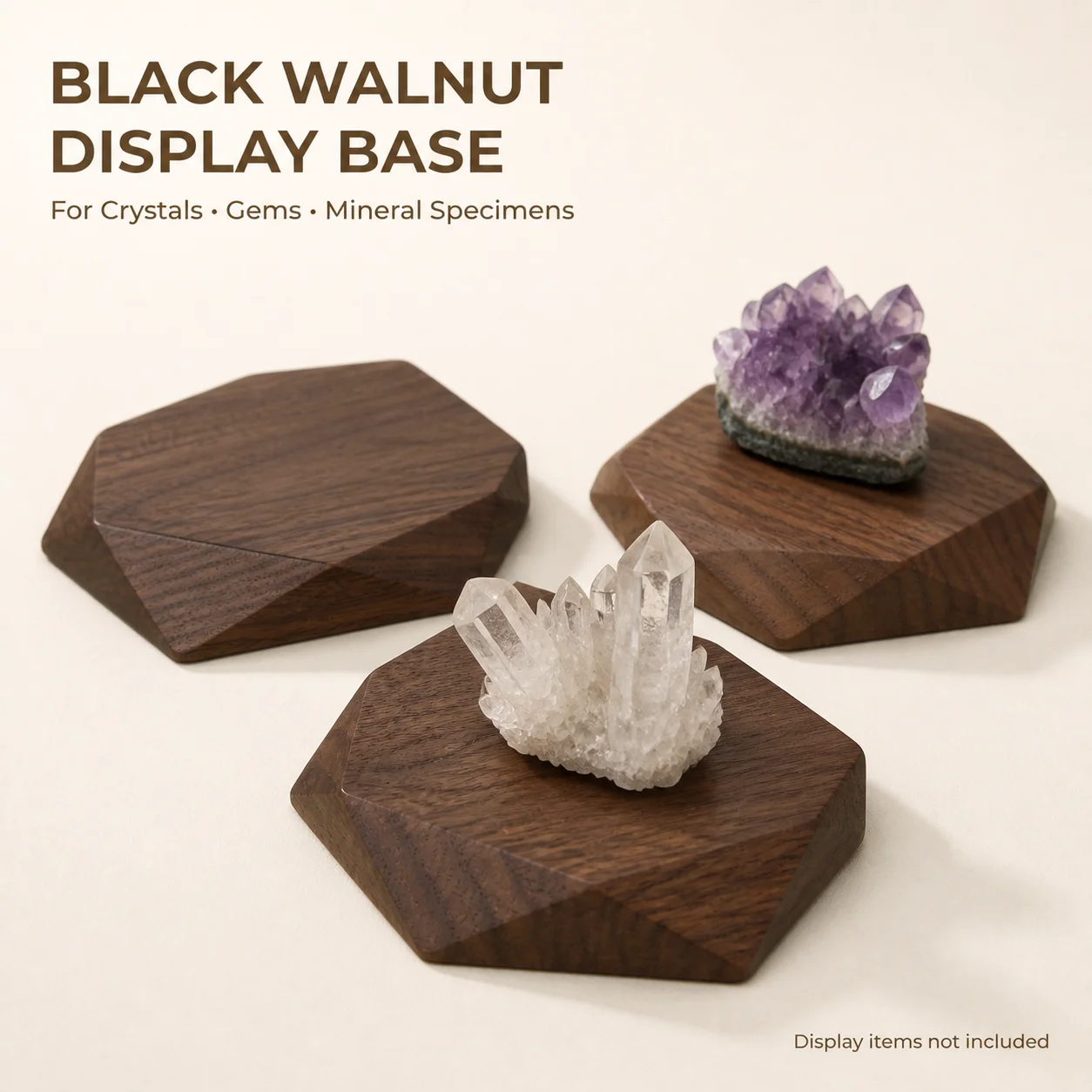 North American Black Walnut Crystal Display Stand 20mm Thick Geometric Wooden Base for Gems & Mineral Specimens – Base Only