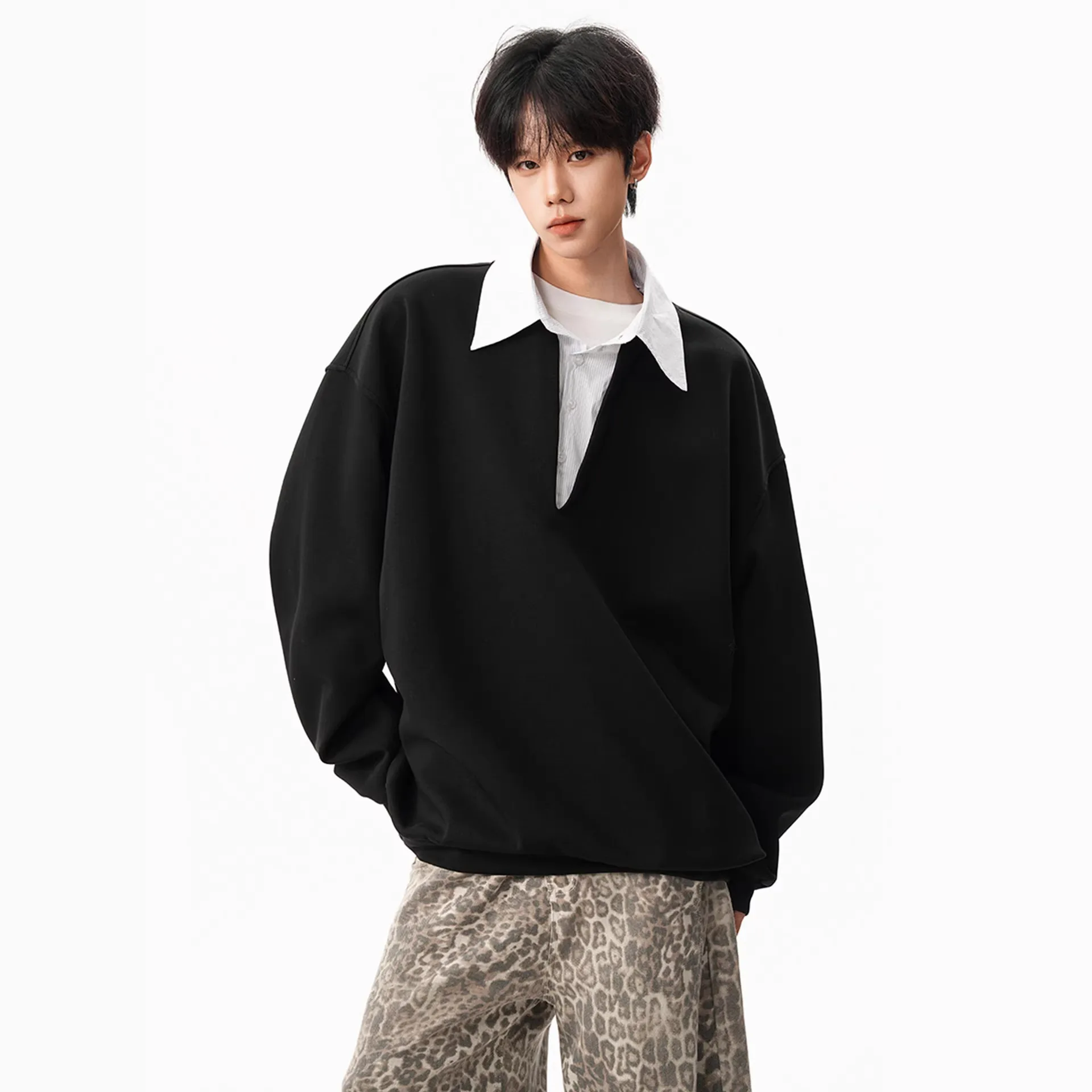 Coat Fake Two-piece Spliced Lapel Sweater Man Spring New Loose Casual Korean All-matching Cool Personality Solid