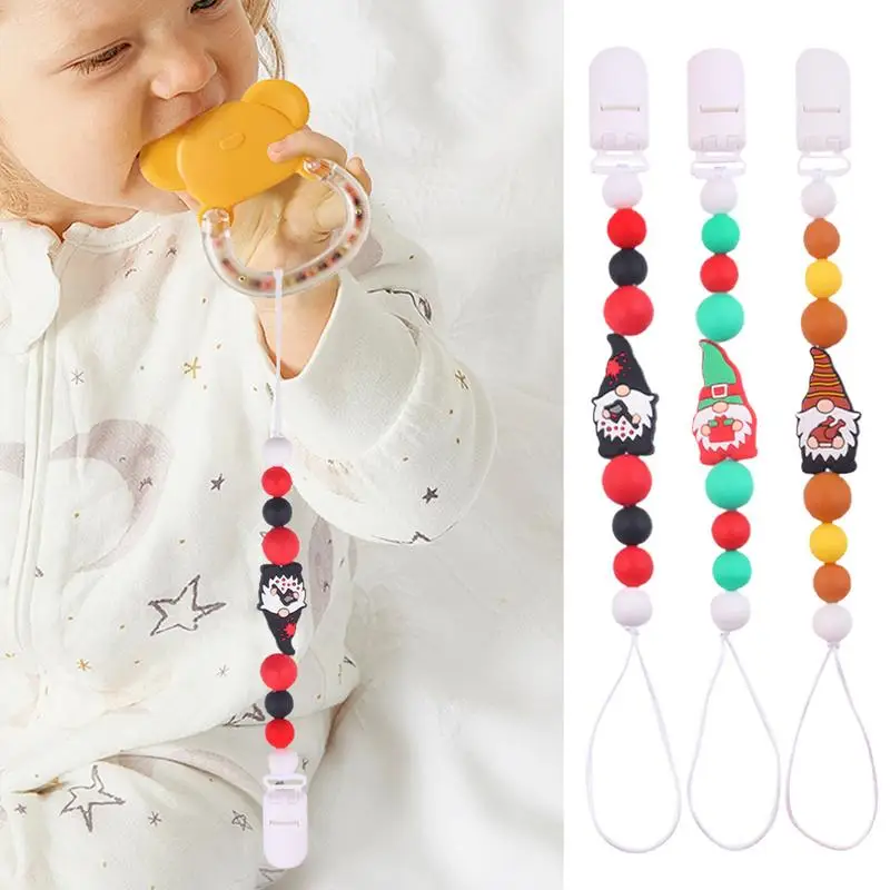 Baby Pacifier Clip Cartoon Santa Silicone Pacifier Chain Bite-resistant Christmas Kids Paci Clip Baby Toy Clips Soothing Beaded