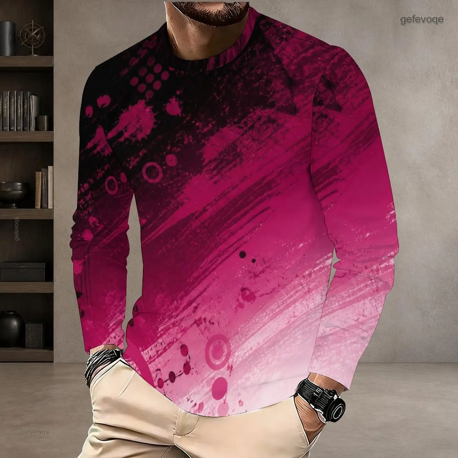 Men Round Neck Long Sleeve T-Shirt, Teal Black Gold Galaxy Marble Printed Pullover Top