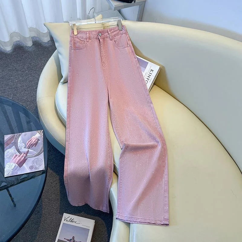New Y2K Women's Diamond Denim Pants Fashion High Waist Wide Leg Jeans All Match Casual Straight Leg Pants Girl Wear Trend