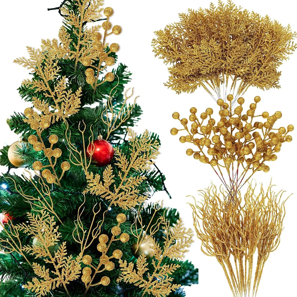 Yannew 40pcs Glitter Christmas Branch Artificial Berries Stems Pine Needle Picks Spray for Xmas Tree Decor Ornaments DIY Crafts