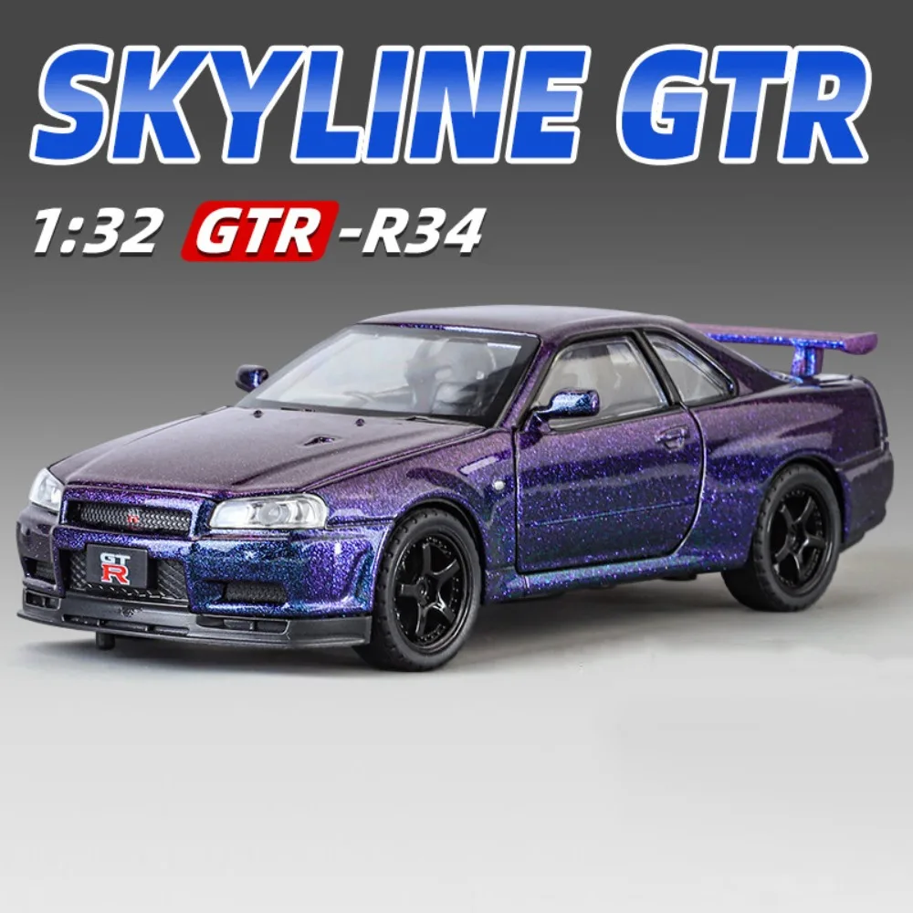 1/32 SKYLINE GTR-R34 Car Model Toys Diecast Alloy Sports Cars 4 Doors Opened Rubber Tire Sound Light Pull Back Toy Gift for Kids