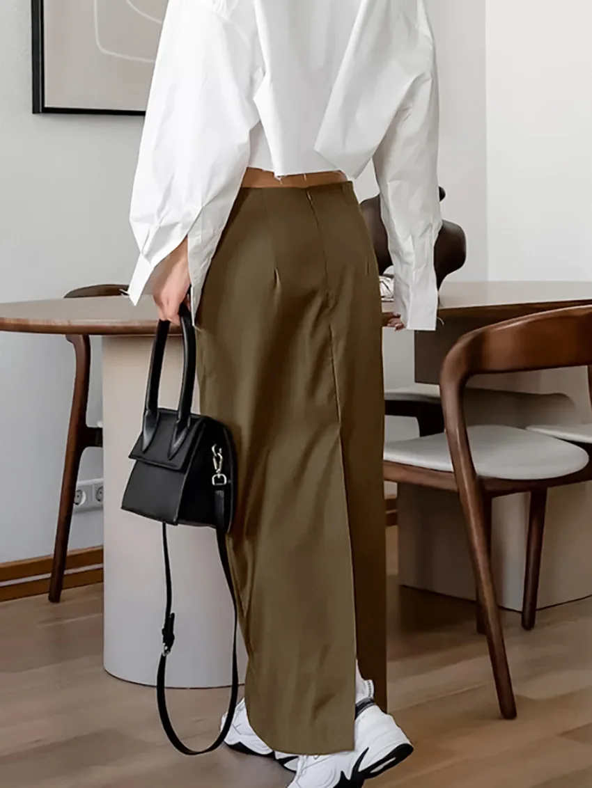 Elegant Women Solid High Waist Midi Skirt With Pockets Side Split Straight Suit Skirt Office Business Casual Daily Long Bottom