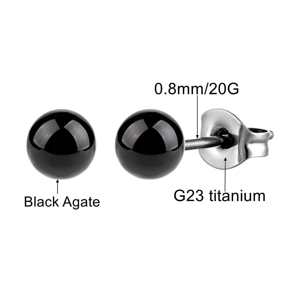 Black Agate Stone Stud Earrings for Women Mens Medical G23 Titanium Piercing Jewelry Simple Round Onyx Ball Ear Lobe Accessories