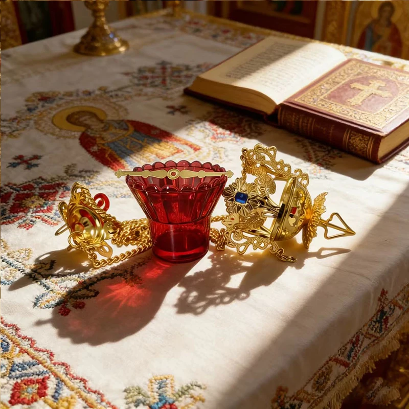 Luxury Gold Plated Orthodox Hanging Censer Set with Filigree Carvings and Blue Red Gems for Church Liturgy Home Altar Devotion