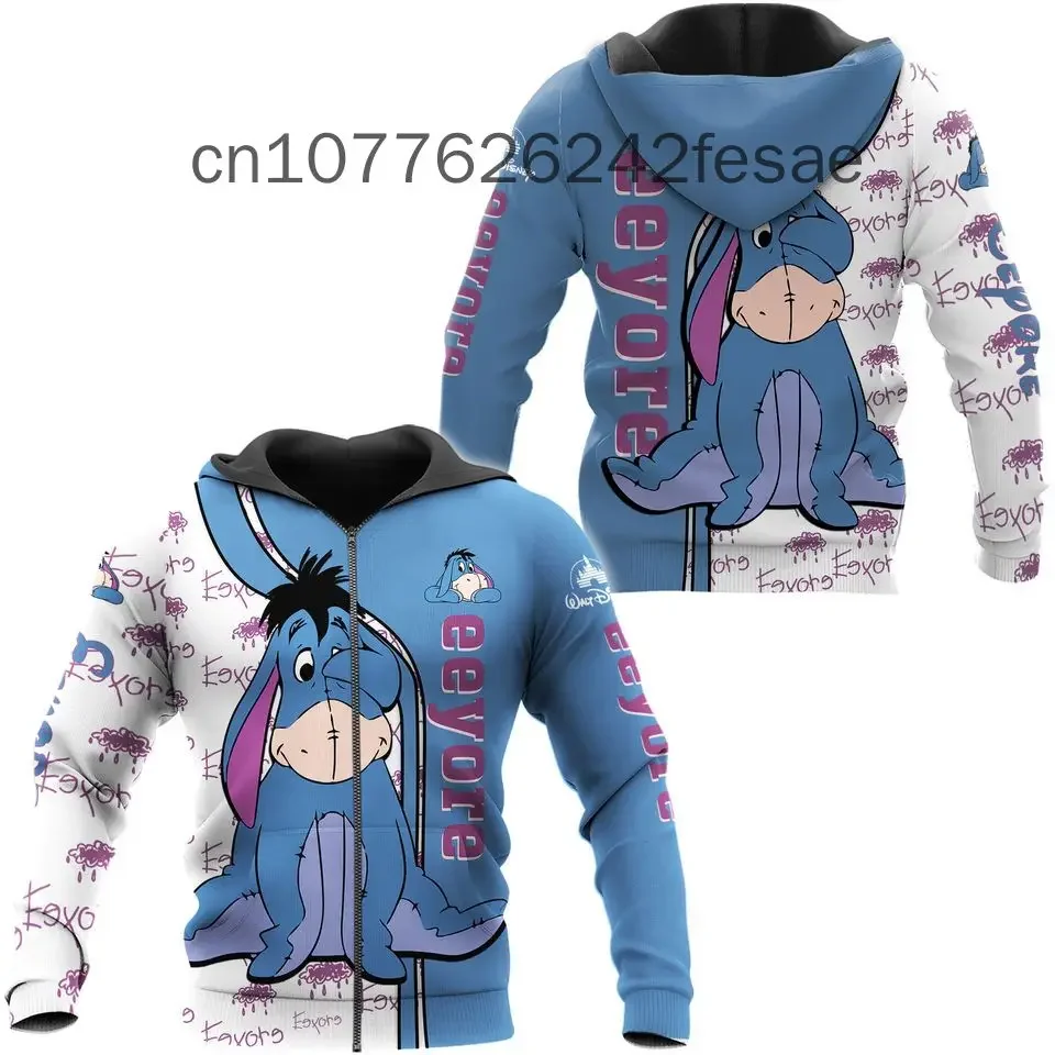 2024 New Disney Eeyore Zipper Hoodies Casual Hip Hop Street Clothing Men\'s and Women\'s Long sleeved Sweatshirts