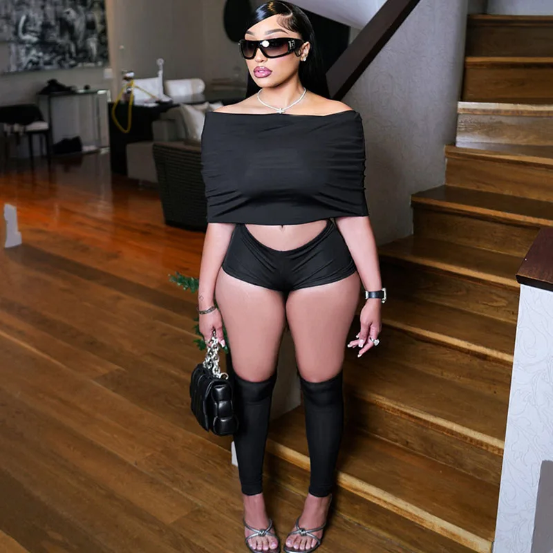 

Сексуальная вечерняя клубная одежда со рюшами, комплект из 3 предметов, женская летняя одежда, укороченный топ с открытыми плечами + носки + шорты, одинаковые комплекты Conjunto