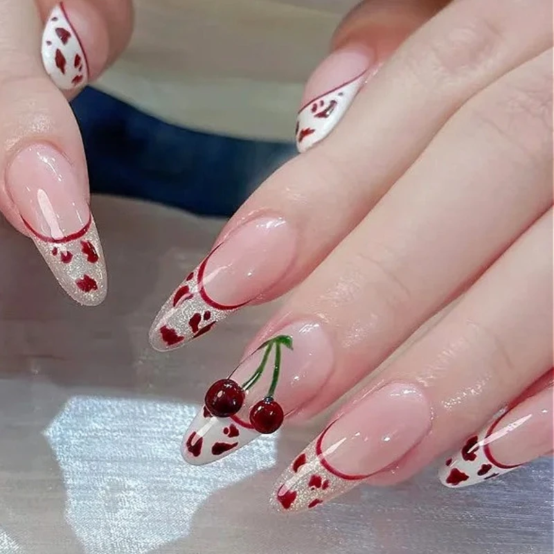 

24PCS Nude Pink Press On Nails with Red Hearts French Tip Hand-painted Cherries Almond-shaped Glossy Fake Nails for Women