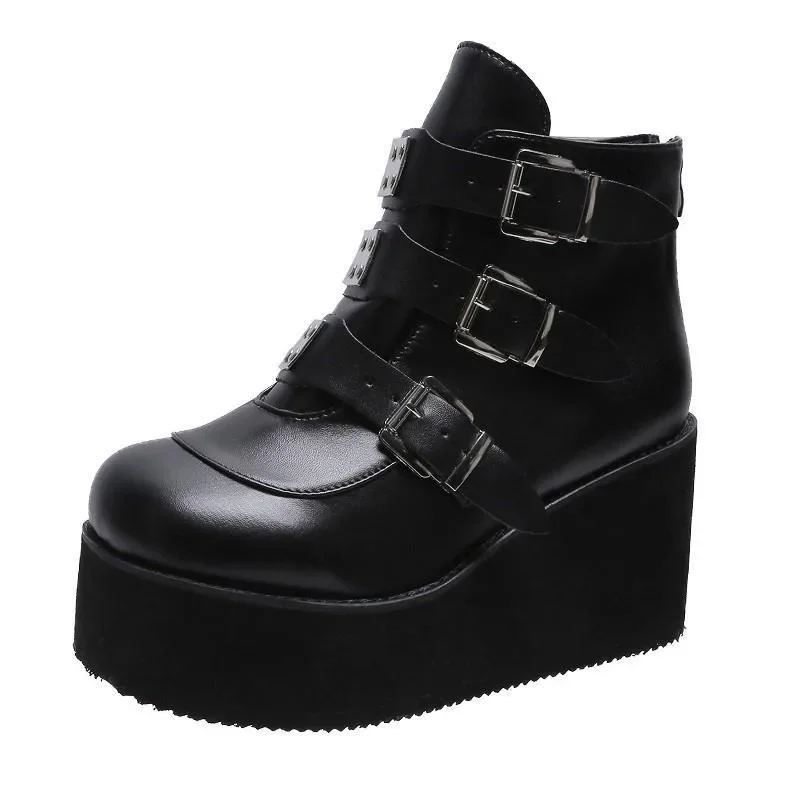 

Brand Women Wedges Boots Punk Gothic High Boots for Women Platform Metal Buckle Cosplay Shoes Plus Size 43 Female Botas Mujer