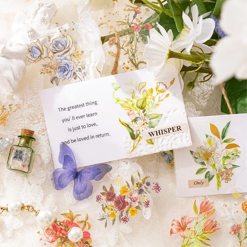 30 Sheets PET Sticker Flowers Daily Transparent Stamping Plant Colorful Multi style Literature Hand Curtain Decorative Sticker