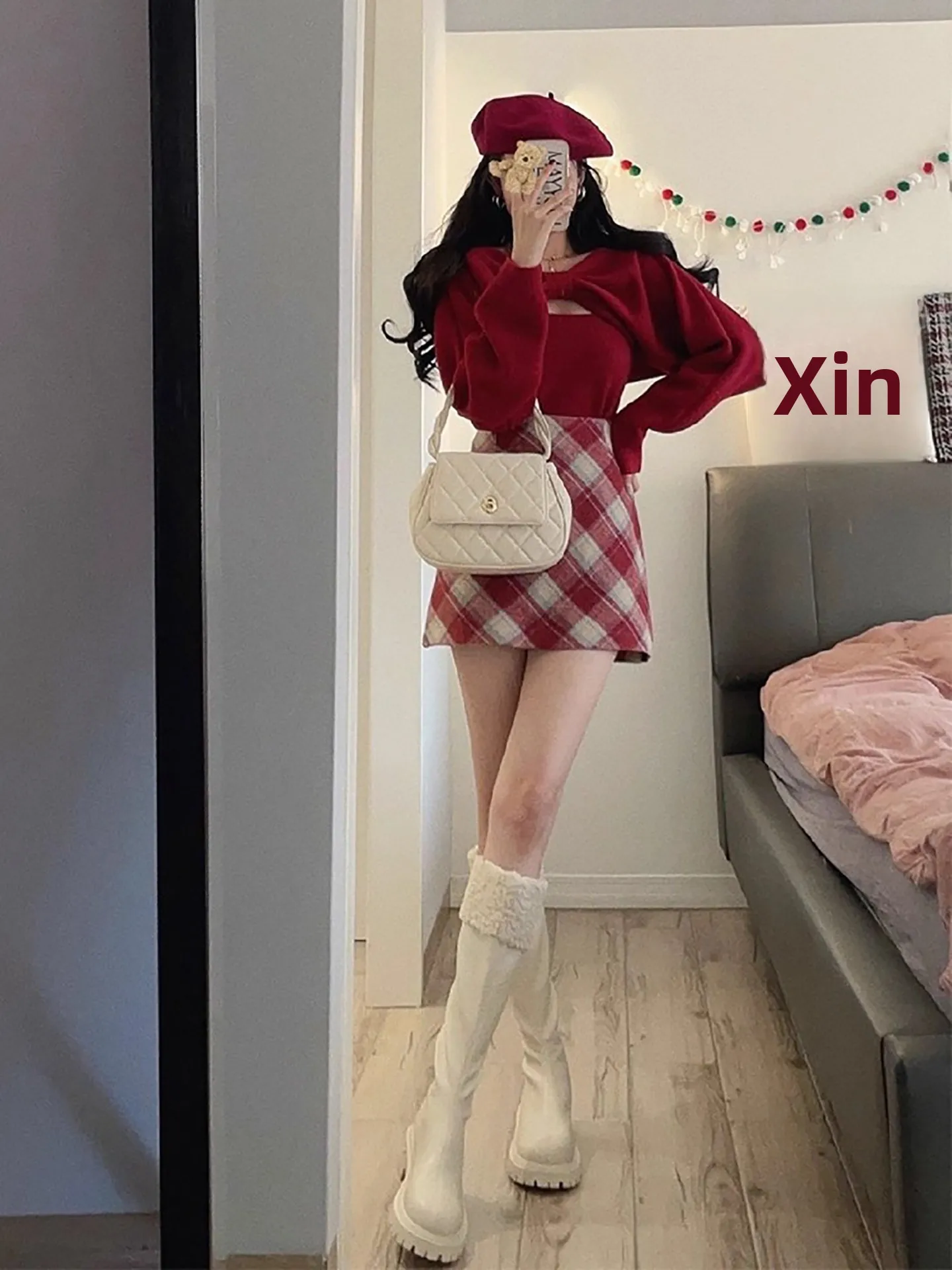 مجموعة أزياء نسائية حمراء للعام الجديد عبر العام، ملابس شتوية متطابقة من Clete، سراويل عالية الخصر، تصميم بعقدة معطف