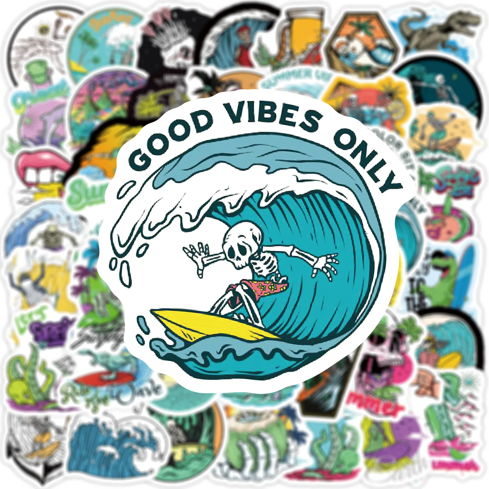 50 Stück Coole Sommer-Totenkopf-Surfing-Aufkleber Strand-Surf-Sticker DIY Surfbrett Gepäck Handy Wasserflasche Wasserdichte Lustige Aufkleber