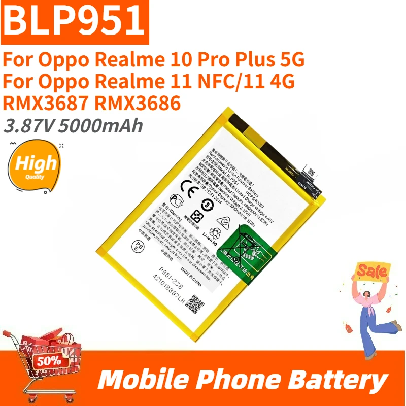

High Quality BLP951 Phone Battery 3.87V 5000mAh For Oppo Realme 10 Pro Plus 5G Realme 11 NFC/11 4G RMX3687 RMX3686 Brand New