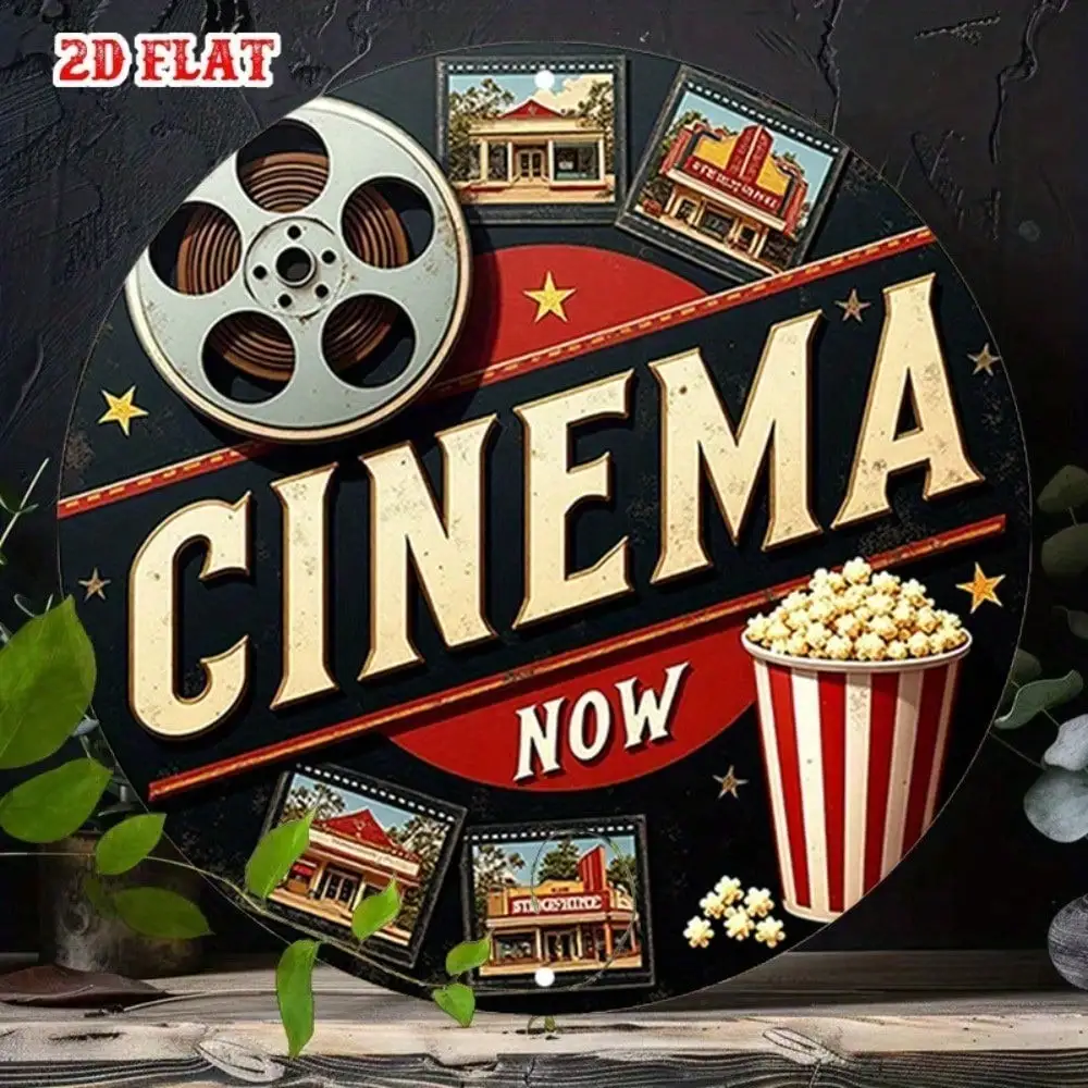 Vintage Cinema Tin Sign Retro Movie Theater Metal Wall Art Round Film Strip Popcorn Bucket Decor 7.87