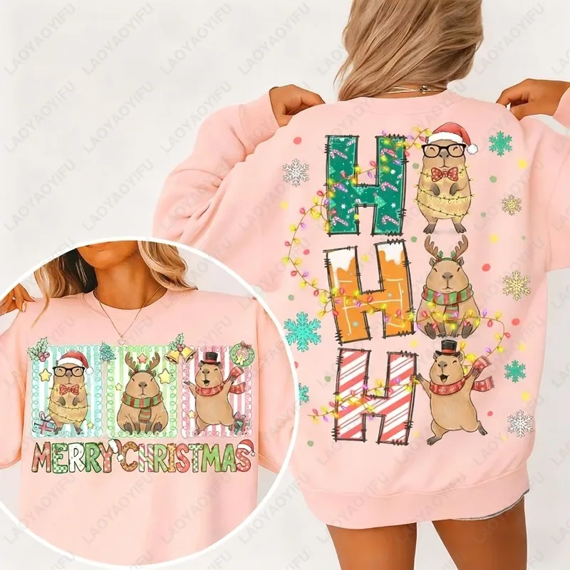 مضحك هو هو هو عيد ميلاد سعيد كابيبارا الحيوانات Clipart الظهر منقوشة البلوز عطلة العصرية عيد الميلاد قبعة الأيائل لطيف المرأة هوديي #1