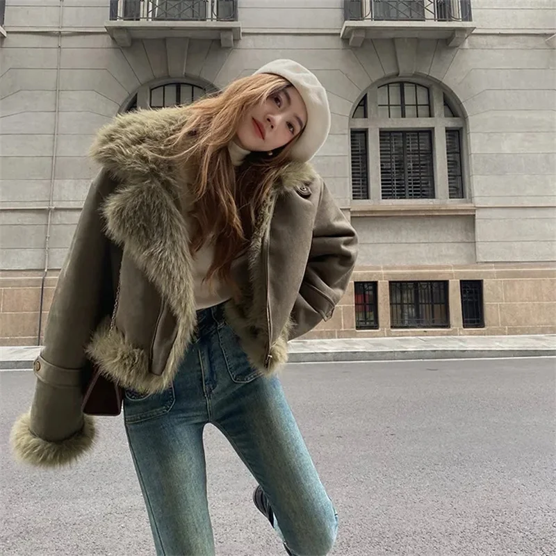 Winter Female Short Suede Tops Coat Korean Ladies Long Sleeves PU Leather Jacket Women Solid Color Loose Faux Leather Outwear