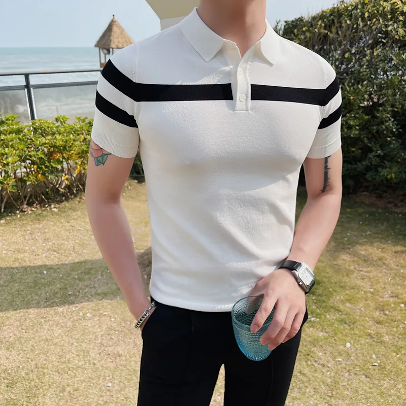 2023 High Quality Men\'s Knitted Ice Silk Polo Shirt Summer New High-end Business Casual Lapel Short Sleeve T-shirt