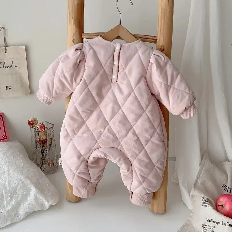 Baby Girls Romper Cute Rabbit Embroidery Ruffle Lace Warm Padded Jumpsuit For Winter Soft Velvet Infant Outfits 3-24 Months