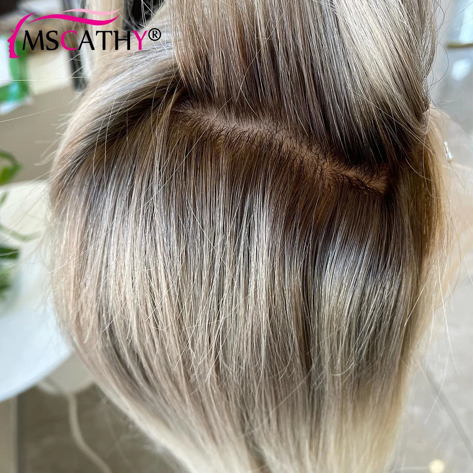 Peluquín de cabello humano sin pegamento, rubio ceniza con ombre, encaje frontal transparente 13x4 y 13x6, liso, densidad 250% 4